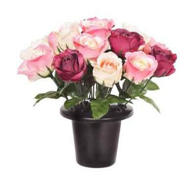 Artificial Silk Open Rose Arrangement Cemetery Pot