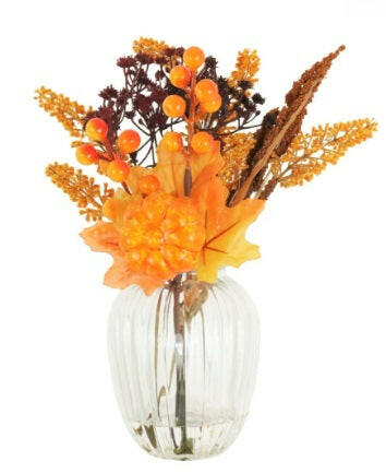 Artificial Complete Autumn Mix With Pumpkin In Ribbed Vase
