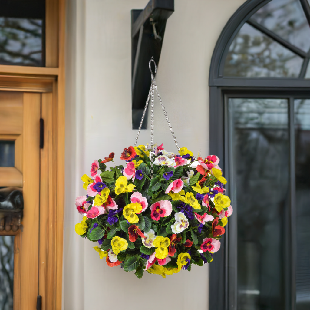 Artificial Silk Pansy Ball Hanging Basket Large Deluxe