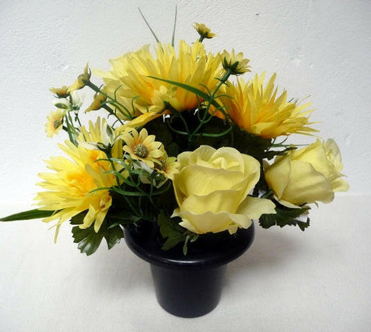 Artificial Silk Gerbera & Rosebud in a Cemetery Pot