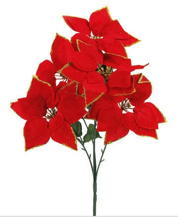 Artificial Silk Poinsettia Spray with Glitter Stamen & Petal, 5 Headed 