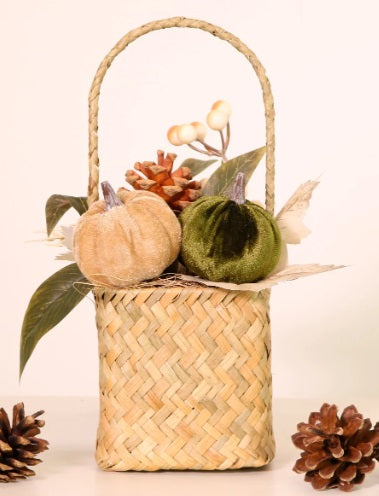 Artificial Autumn Woodland Pumpkin Mix Woven Basket